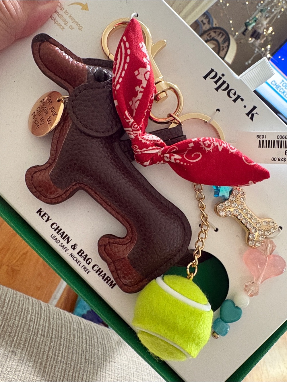 Piper.k Brown Leather Dog Keychain with Red Bandana & Neon Tennis Ball